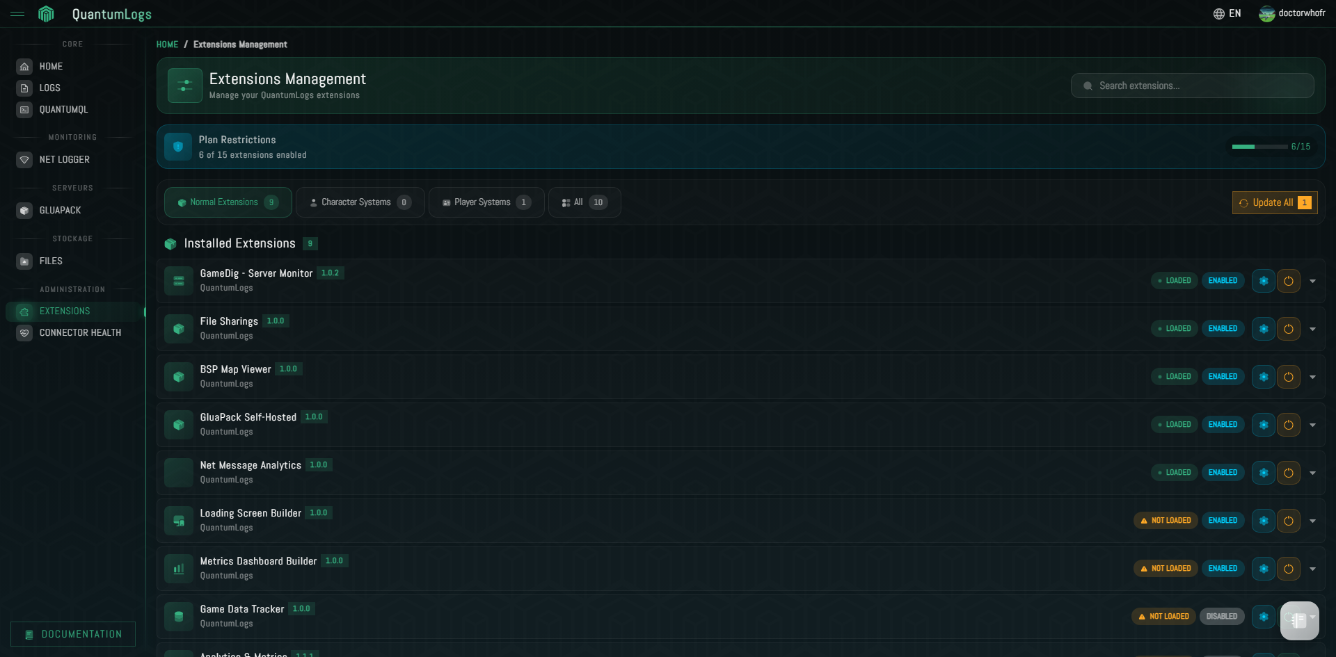 QuantumLogs Extension Manager - Manage extensions and plugins