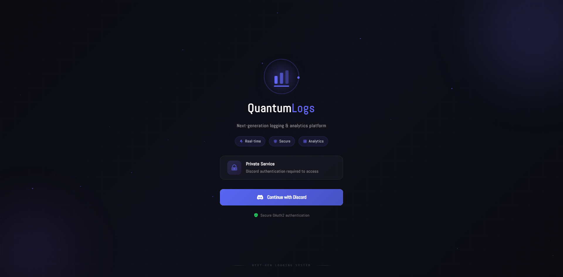 QuantumLogs Login Screen - Secure authentication interface