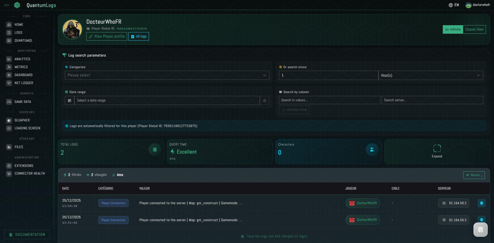 QuantumLogs Player Page - Player statistics and history